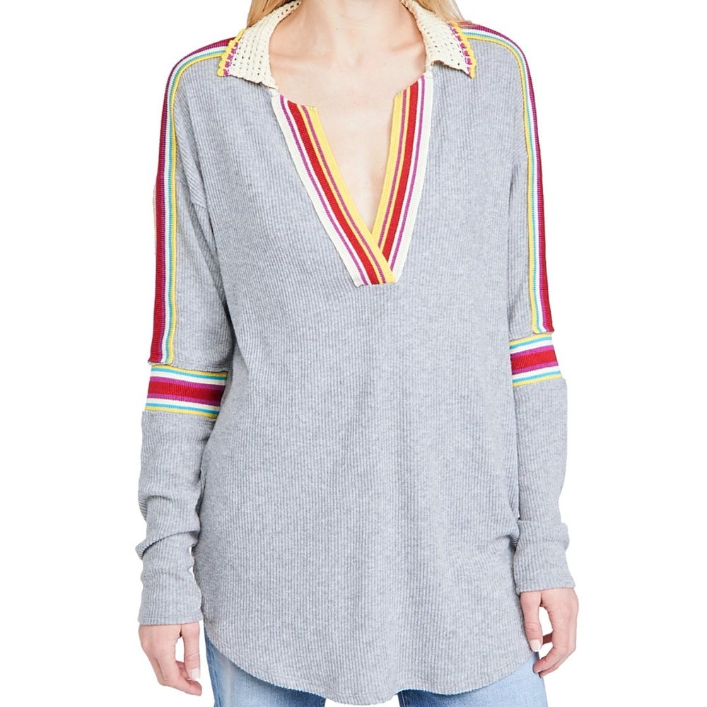 🏷 🆕 Free People Gray Crotchet Collar Sweater Top - Picture 2 of 16